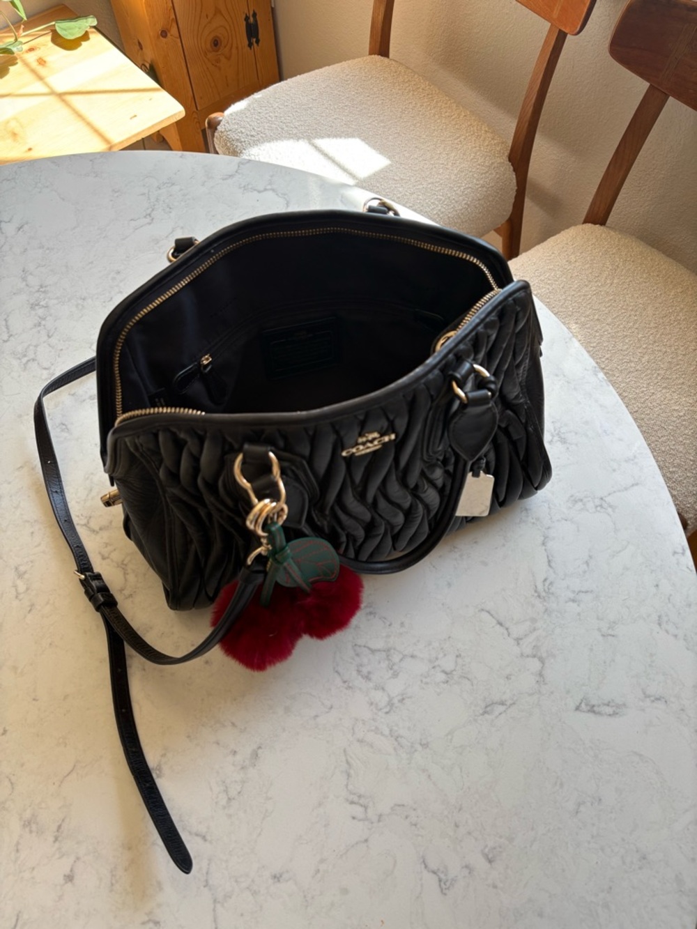 Coach Black Quilted Leather Shoulder Bag with Red Pom Pom Charm - Picture 6 of 12